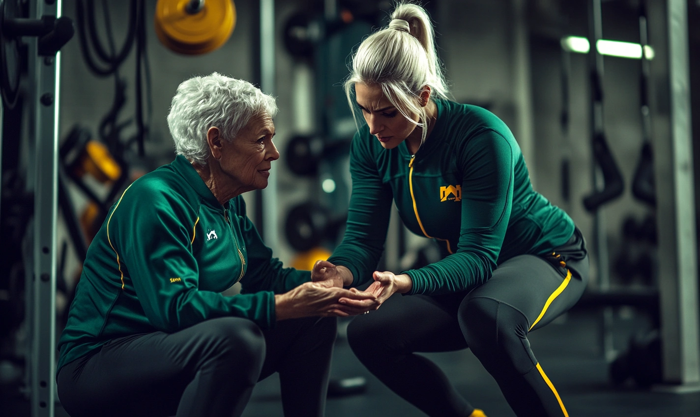 Тренер консультує літню жінку щодо правильного виконання вправ