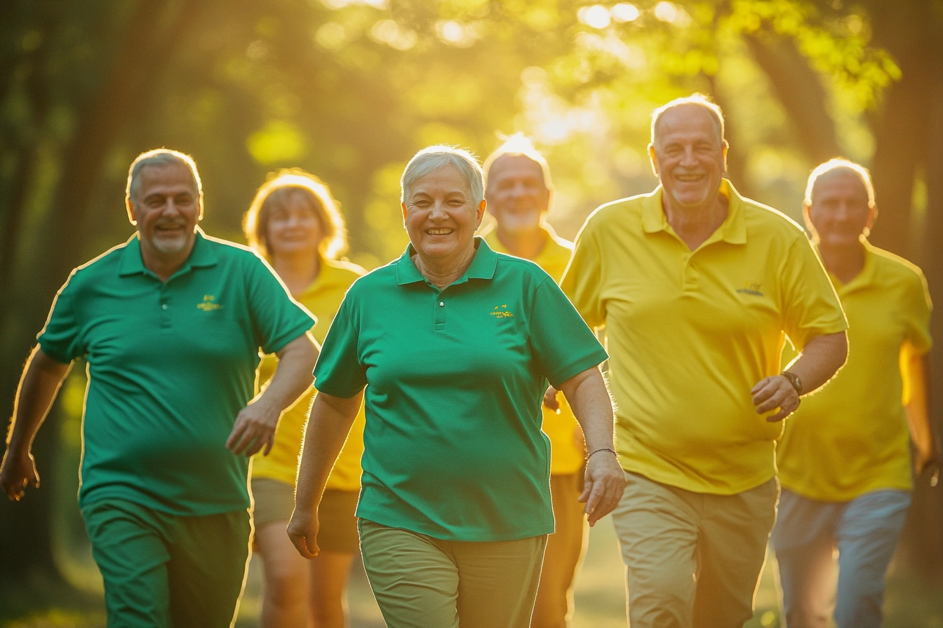 Група активних пенсіонерів займається спортом на свіжому повітрі