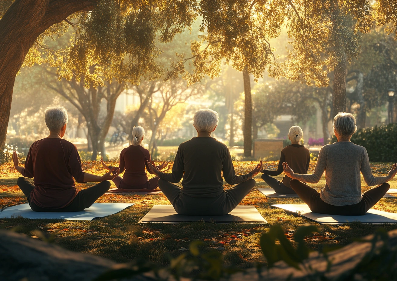 Група людей старшого віку займається йогою в парку