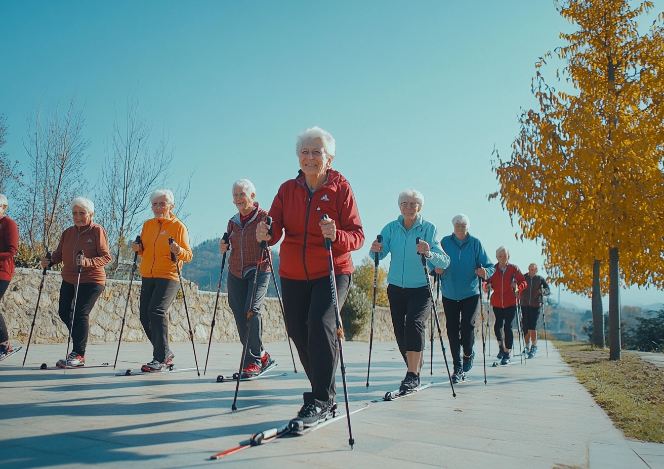 Пенсіонери на скандинавській ходьбі в міському парку