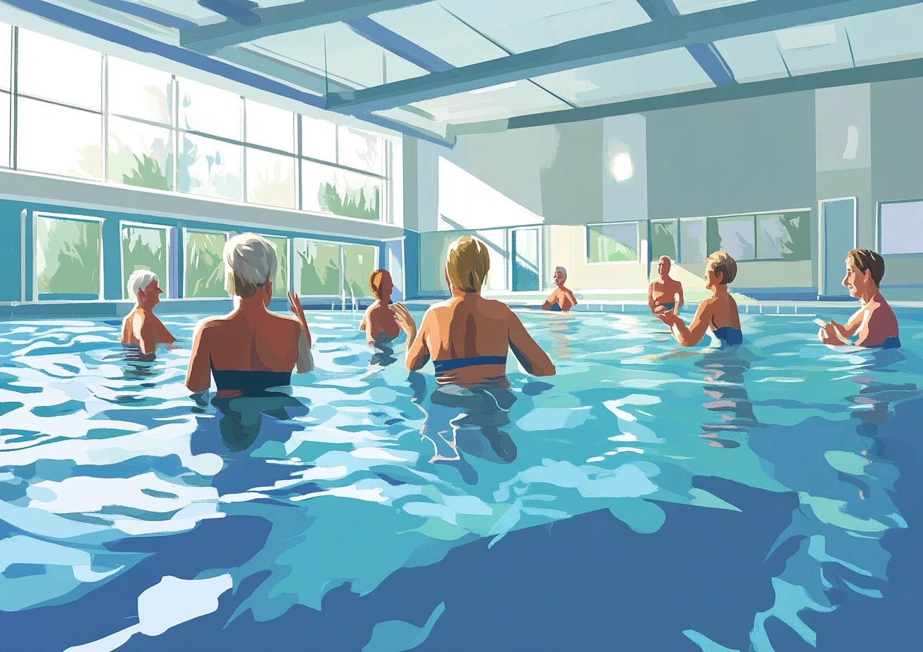 Люди старшого віку на заняттях аквааеробікою